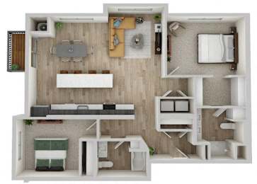 A top-down view of a small apartment layout with a kitchen, living room, and bedroom.