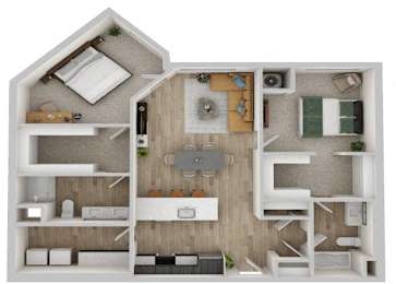 A 3D floor plan of a house with a kitchen, living room, and bathroom.