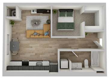 A 3D rendered image of a modern apartment layout.