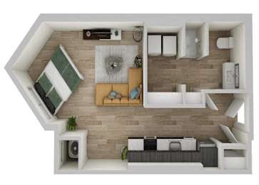 A top-down view of a living room with a couch, a coffee table, and a television.