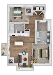 A floor plan of a house with a living room, kitchen, and two bedrooms.