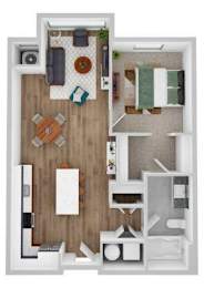 A top-down view of a small apartment with a kitchen, living room, and bathroom.