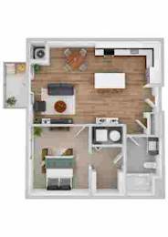A floor plan of a house with a kitchen, living room, and two bedrooms.
