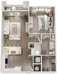 A series of images showing a top-down view of a small, neatly organized apartment.