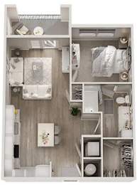 A top-down view of a small, neatly organized apartment with a kitchen, living room, and bathroom.
