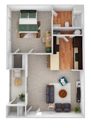 A top-down view of a small apartment with a kitchen, living room, and bedroom.