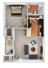 A top-down view of a small apartment with a living room, kitchen, and bedroom.