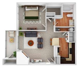 A top-down view of a small apartment with a bed, couch, and kitchen area.