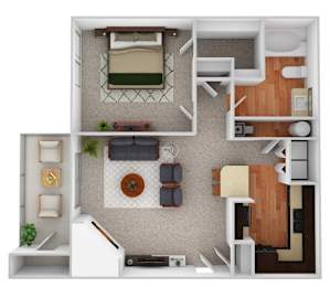 A top-down view of a small apartment with a bedroom, living room, and kitchen.
