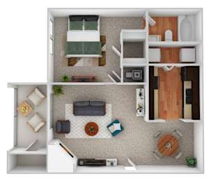 A top-down view of a small apartment with a living room, kitchen, and bathroom.