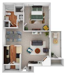A 3D floor plan of a small apartment with a kitchen, living room, and bedroom.