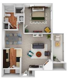 A 3D floor plan of a small apartment with a living room, kitchen, and bedroom.