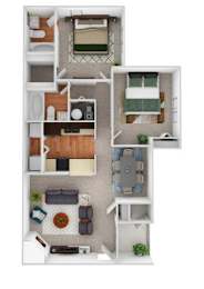 A floor plan of a two-bedroom apartment with a living room, kitchen, and bathroom.