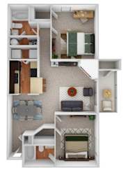 A 3D floor plan of a small apartment with a kitchen, living room, and bedroom.