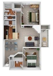 A 3D floor plan of a small apartment with a kitchen, living room, and two bedrooms.