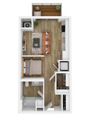 A top-down view of a small apartment with a bed, desk, and shelving.