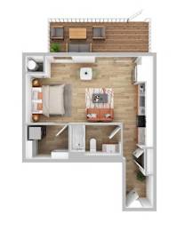 A top-down view of a modern apartment layout.