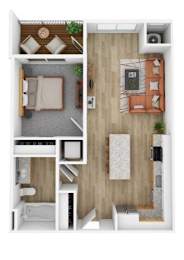 A top-down view of a small apartment with a kitchen, living room, and bathroom.