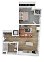 A top-down view of a small apartment with a bedroom, living room, and kitchen.