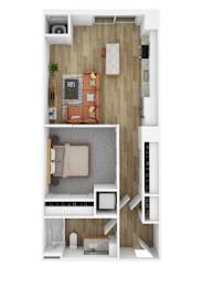 A top down view of a small apartment with a bedroom, living room and kitchen.