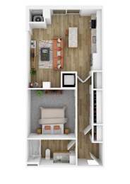 A top-down view of a small apartment with a bedroom, living room, and kitchen area.