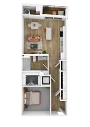 A top-down view of a small apartment with a bedroom, living room, and kitchen.