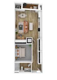 A top-down view of a small apartment with a bedroom, living room, and kitchen.