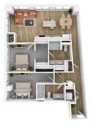 A top-down view of a small apartment with a kitchen, living room, and bedroom.