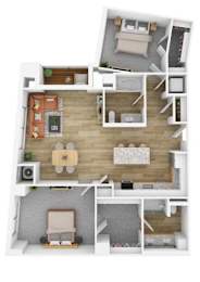 A top-down view of a small apartment with a living room, kitchen, and bedroom.