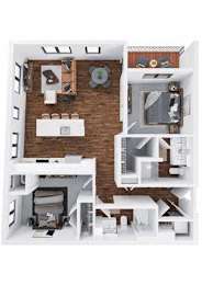 A white model of a house with a kitchen, living room, and two bedrooms.