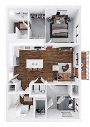 A top-down view of a small apartment with a living room, kitchen, and bedroom.