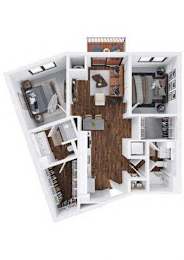 A top-down view of a house layout with a kitchen, living room, and two bedrooms.