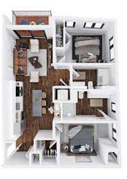 A white model of a house with a kitchen, living room, and bedrooms.