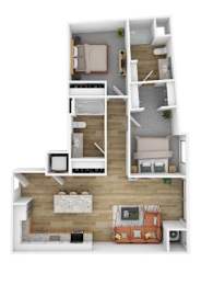A top-down view of a small apartment with a bedroom, living room, and kitchen.