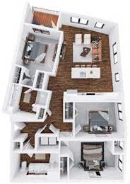 A top-down view of a house layout with multiple rooms and furniture.
