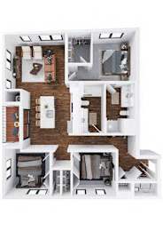 A top-down view of a house layout with a kitchen, living room, and bedrooms.