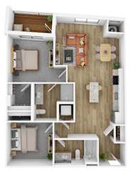 A top-down view of a small apartment with a kitchen, living room, and bedroom.