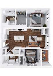 A white dollhouse with a brown brick wall and furniture.