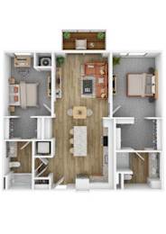 A top-down view of a two-bedroom apartment with a living room, kitchen, and bathroom.