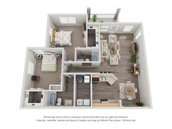 A 3D floor plan of a house with a kitchen, living room, and two bedrooms.