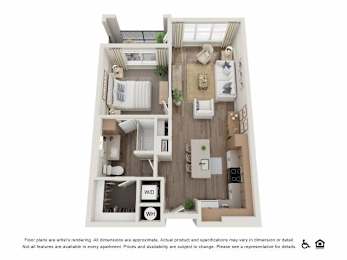 A floor plan of a small apartment with a kitchen, living room, and bedroom.