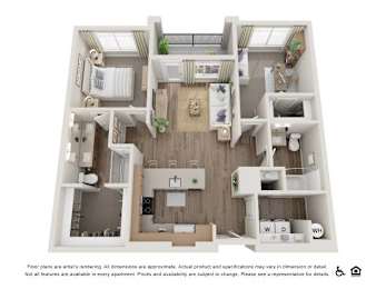 A floor plan of an apartment with a kitchen, living room, and two bedrooms.