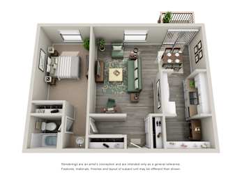 A 3D rendered image of a small apartment layout.