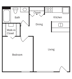 A floor plan of a small apartment with a bedroom, living room, kitchen, dining room, and bathroom.