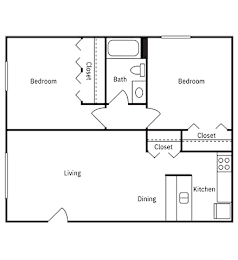 A floor plan of a home with two bedrooms, a living room, a dining room, a kitchen, and two closets.