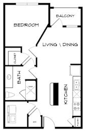 A black and white image of a floor plan for a small apartment.