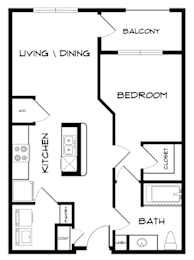 A black and white image of a floor plan for a small apartment.