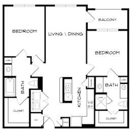 A black and white image of a house floor plan with a balcony, two bedrooms, a living/dining area, a kitchen, two bathrooms, and two closets.