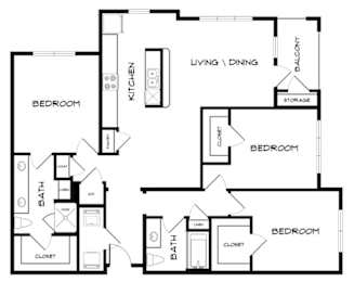 A black and white image of a house floor plan with a living room, dining room, kitchen, and four bedrooms.