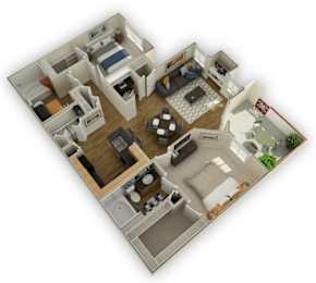 A 3D floor plan of a house with a living room, kitchen, and two bedrooms.